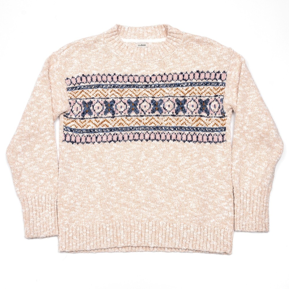 LL Bean Women's Crewneck Chunky Knit Sweater Fair Isle‎ Snowflake Medium